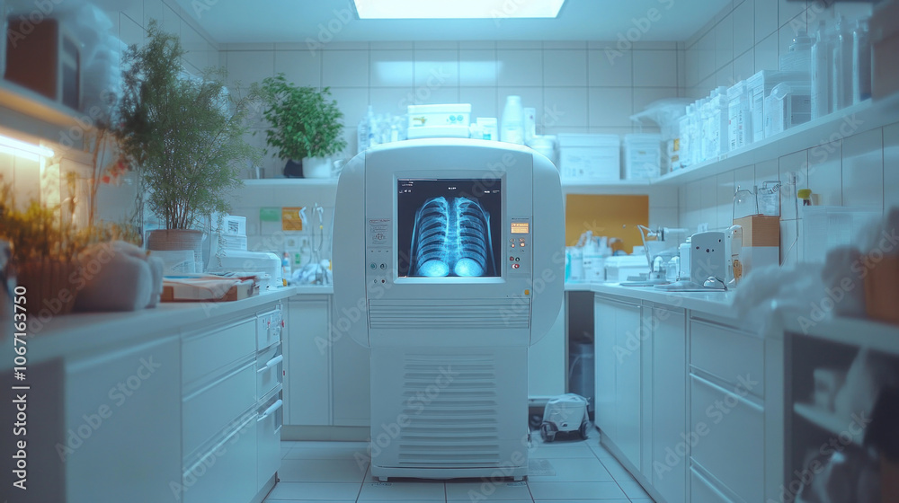 High-tech X-ray machine in a hospital room, modern and clean equipment High-tech X-ray machine in a hospital room, modern and clean equipment