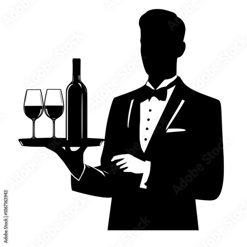 Waiter in tuxedo holding  tray with glass and  bottle of wine