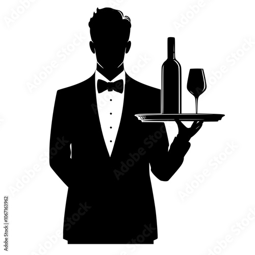 Waiter with tray and bottle of wine  silhouette