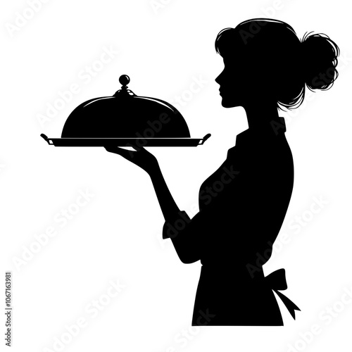 Silhouette of woman waiter holding tray with food 