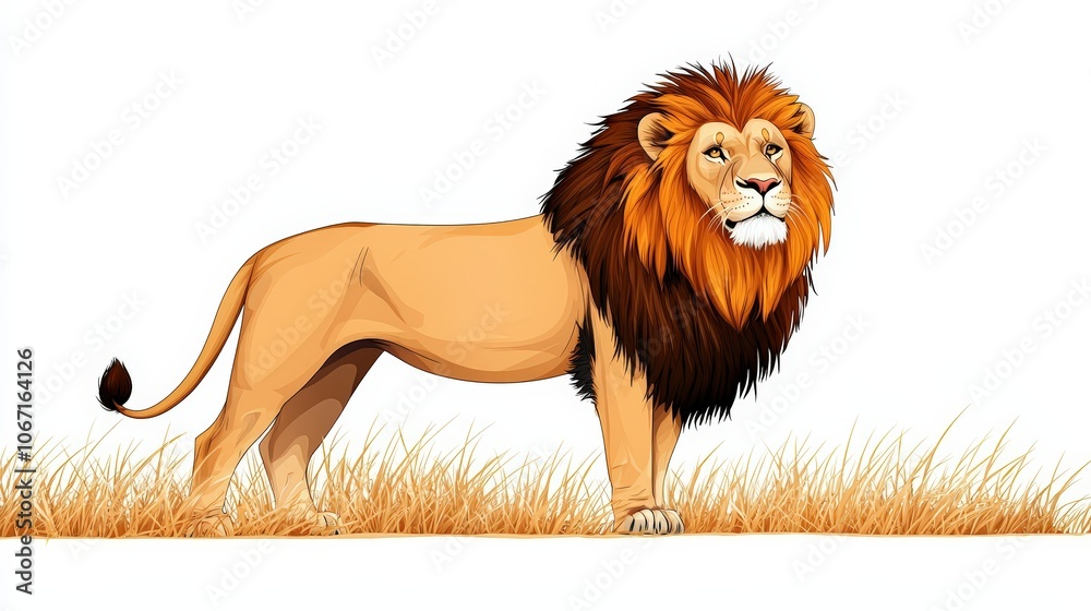Obraz premium A majestic lion stands proudly in a grassy field, showcasing its powerful presence and regal features, symbolizing strength and bravery.