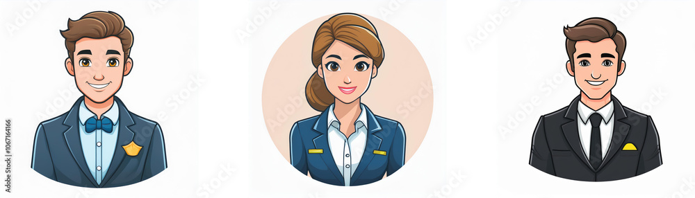 Three cartoon characters, two males and one female, are depicted in a portrait style. The characters are all dressed in formal attire. Three cartoon characters, two males and one female, are depicted in a portrait style. The characters are all dressed in formal attire.