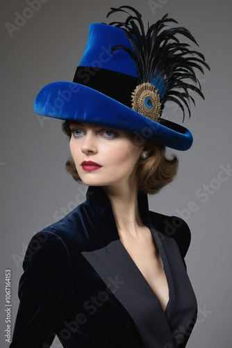 Timeless Elegance: A Woman in a Vintage 20th-Century City Governor’s Hat in  Velvet photo