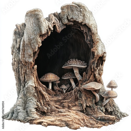 A tree hollow with mushrooms, forest detail, digital painting, rough bark with small fungi, isolated on white background photo