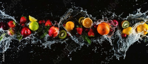 Fruits on a black background with water splashes. Creative summer composition made of fruit slices in clear pond water. Freshness concept