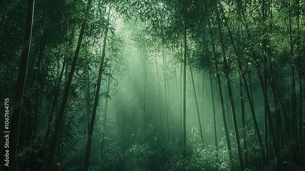 Fototapeta premium Misty Bamboo Forest with Traditional Torii Gate.