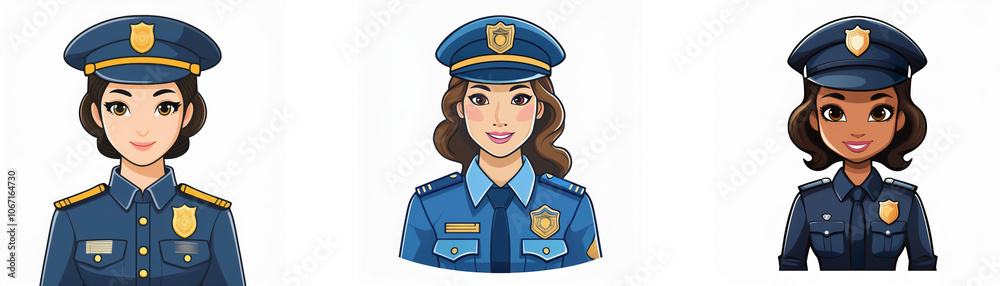 Three women in police uniforms with different hairstyles and skin tones. Three women in police uniforms with different hairstyles and skin tones.