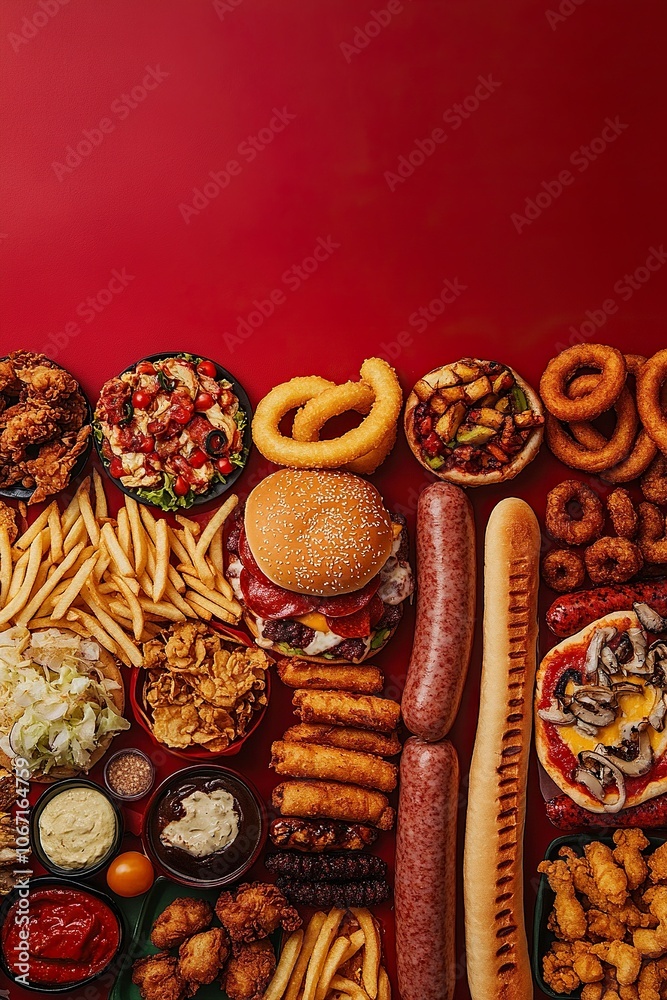 fries, pizza, hamburger, churros, fried chicken, sausages, onion rings, fried squids top view posed at the border of the image with red background, generative ai fries, pizza, hamburger, churros, fried chicken, sausages, onion rings, fried squids top view posed at the border of the image with red background, generative ai