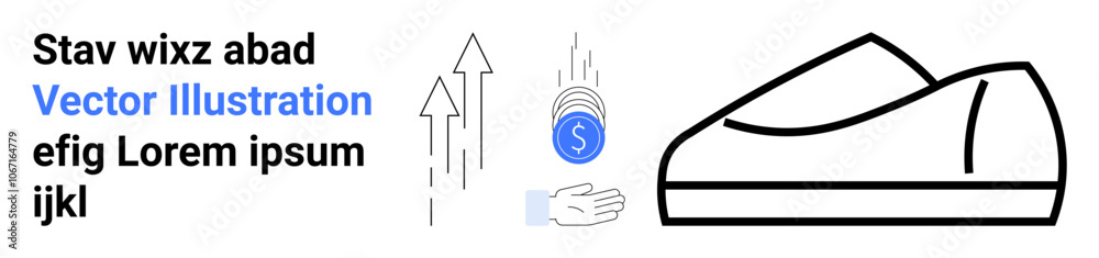 Black shoe outline, arrows pointing upwards, coin in open hand, text on left with blue highlighted words. Ideal for fashion, finance, growth, e-commerce, savings, online learning, and retail. Landing Black shoe outline, arrows pointing upwards, coin in open hand, text on left with blue highlighted words. Ideal for fashion, finance, growth, e-commerce, savings, online learning, and retail. Landing