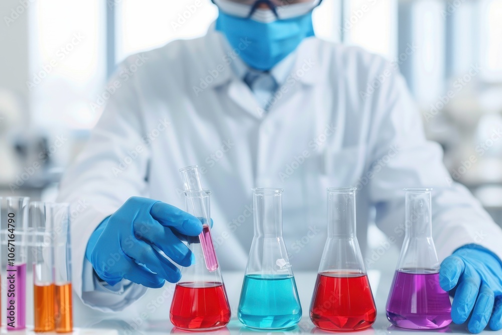 Scientist in protective gear handling colorful chemical solutions in a laboratory setting Scientist in protective gear handling colorful chemical solutions in a laboratory setting
