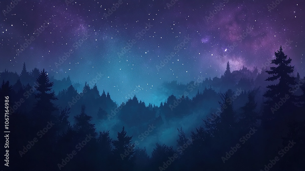 Fototapeta premium Starry night sky over forest silhouette.