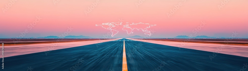 An airplane runway stretching towards the horizon world map under a colorful sky, aerial view, symbolizing adventure and exploration. An airplane runway stretching towards the horizon world map under a colorful sky, aerial view, symbolizing adventure and exploration.