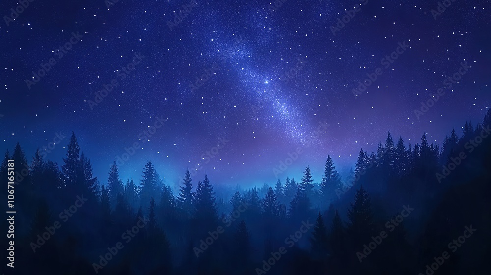 Naklejka premium Starry night sky over forest silhouette.