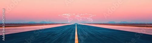 An airplane runway stretching towards the horizon world map under a colorful sky, aerial view, symbolizing adventure and exploration.