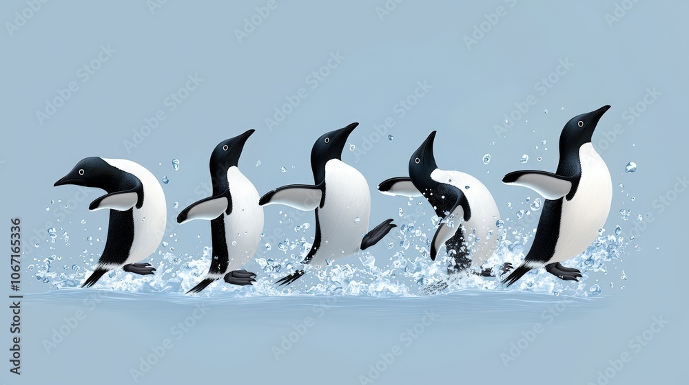 Fototapeta premium A playful sequence of penguins jumping through water, showcasing their agility and charm in a vibrant, icy environment.