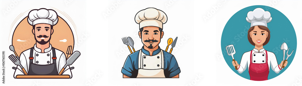 Three cartoon chefs with different expressions wearing white chef hats, white shirts, and aprons. Three cartoon chefs with different expressions wearing white chef hats, white shirts, and aprons.