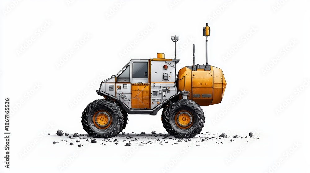 A rugged lunar rover designed for exploration, featuring large wheels and advanced scientific equipment for remote terrains. A rugged lunar rover designed for exploration, featuring large wheels and advanced scientific equipment for remote terrains.