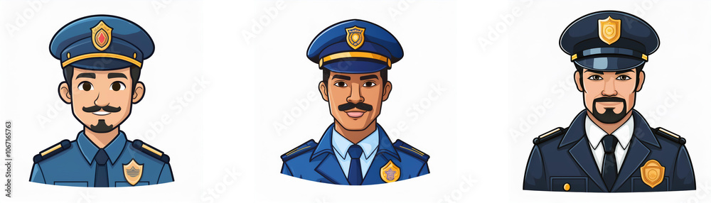 Three cartoon illustrations of police officers with varying facial hair. Three cartoon illustrations of police officers with varying facial hair.