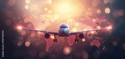 Airplane flying over a glowing world map, aerial view, against a vibrant bokeh background.