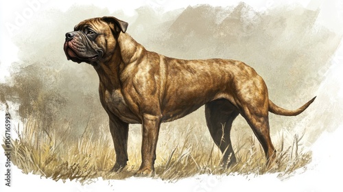 Presa Canario with a relaxed stance on a white background, emphasizing calm confidence, often misperceived. photo