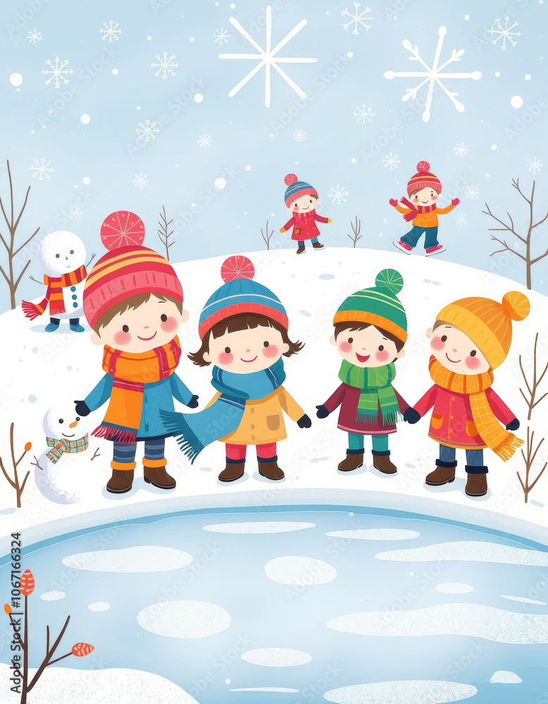 Joyful winter wonderland with children playing in the snow Joyful winter wonderland with children playing in the snow