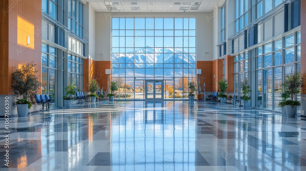 Modern hospital building with large windows, clean and welcoming exterior Modern hospital building with large windows, clean and welcoming exterior