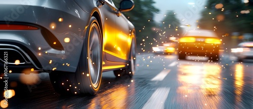 Streamlined sports car navigating wet urban streets at night visualizing seamless data flow