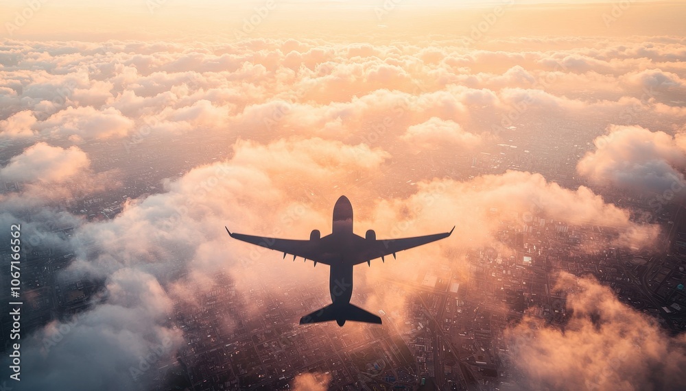 Naklejka premium Silhouette of an airplane flying above colorful clouds during sunset, aerial view.