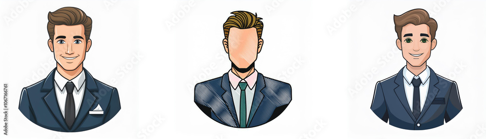 Three cartoon men in suits, one with a visible face, one with a white face, and one with green eyes. Three cartoon men in suits, one with a visible face, one with a white face, and one with green eyes.