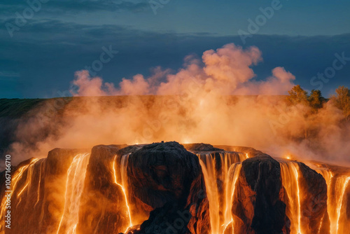 Iceland volcano eruption with lava spewing out of it. The lava is orange and the sky is filled with smoke