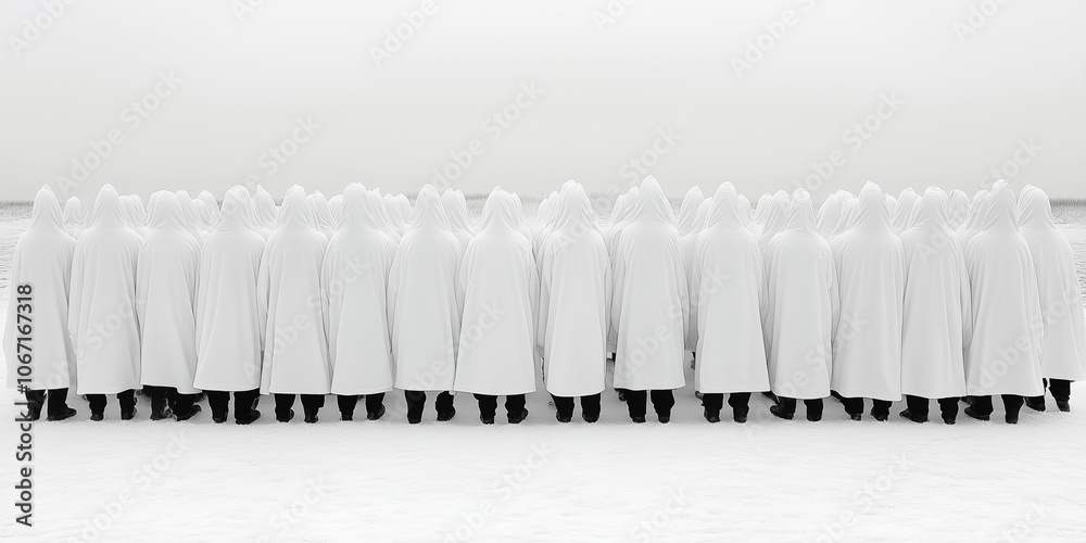 Lost identity, dystopian society, men in hoods and gowns. Protective clothing. Lost identity, dystopian society, men in hoods and gowns. Protective clothing.