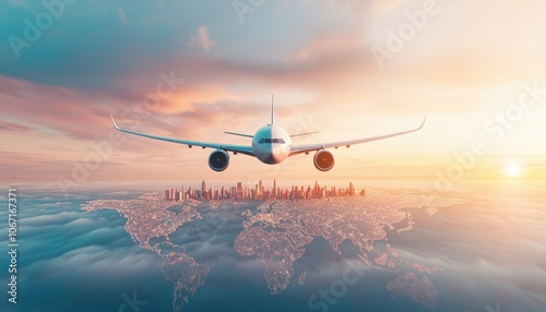 An airplane flying above a landmarks city skyline on world map during sunset, with clouds reflecting warm colors in the sky.