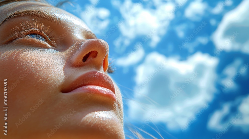 A close-up of a woman's face gazing upward, reflecting sunlight against a backdrop of bright blue sky and fluffy clouds. A close-up of a woman's face gazing upward, reflecting sunlight against a backdrop of bright blue sky and fluffy clouds.