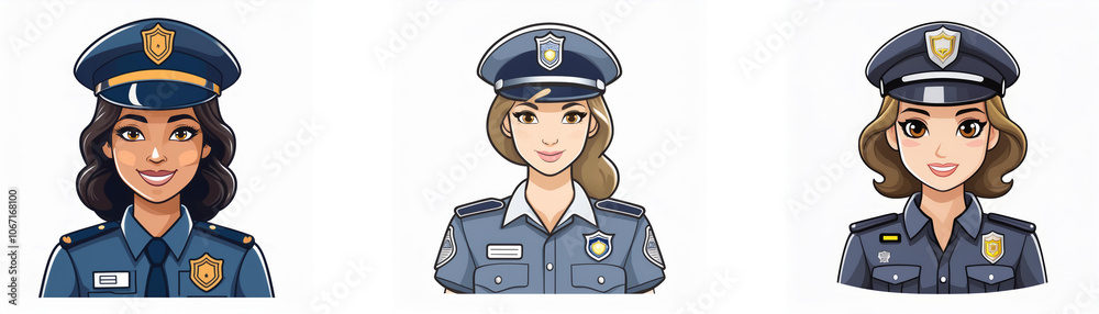 Three female police officers with different hair colors and ethnicities are wearing police uniforms. Three female police officers with different hair colors and ethnicities are wearing police uniforms.