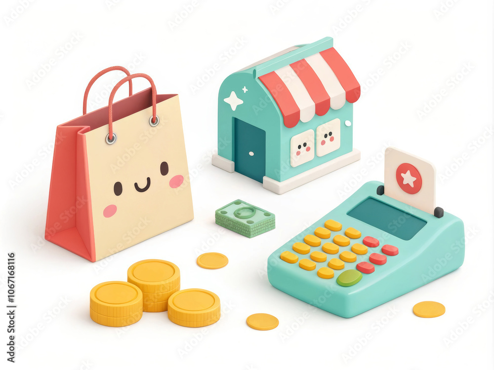 Cute cartoon shopping scene with bag, store, money, and calculator Cute cartoon shopping scene with bag, store, money, and calculator
