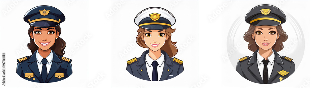 Three female pilots are wearing a similar uniform and captain hats. Three female pilots are wearing a similar uniform and captain hats.