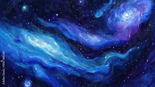 An oilpainted galaxyinspired background with deep blues, purples, and sparkling white stars photo