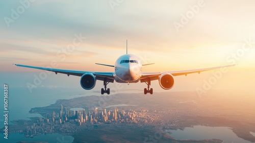  Aerial view of airplane flying over a landmarks city at sunset, showcasing travel and adventure in a stunning landscape.