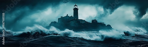 Cinematic photograph of a lighthouse on the edge of a cliff, with waves crashing against it, a dark blue sky, and stormy weather