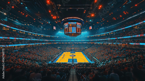 Packed stadium for a basketball game, team spirit and energy filling the arena photo