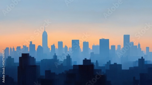 A city skyline at dusk, depicted in hazy oil paint strokes blending blue and orange