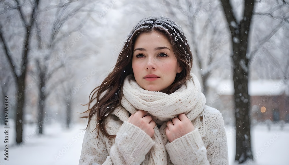 Concetto di inverno, freddo e neve: bella ragazza in ambiente invernale e foresta e neve sullo sfondo Concetto di inverno, freddo e neve: bella ragazza in ambiente invernale e foresta e neve sullo sfondo