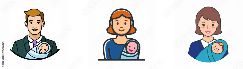 Three cartoon images depict parents holding a baby. Three cartoon images depict parents holding a baby.