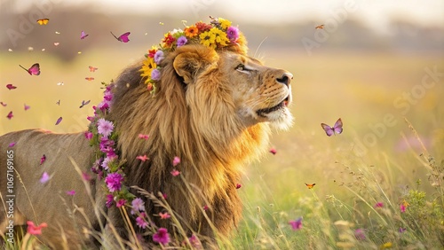 Majestic Lion with Flower Crown in Nature photo