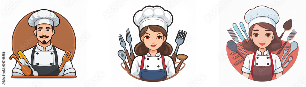 Three cartoon chefs wearing white chef hats and aprons, holding cooking utensils. Three cartoon chefs wearing white chef hats and aprons, holding cooking utensils.