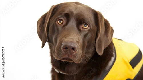 Well-trained service dog with vest, facing camera on a white background, highlighting its role in aiding people.