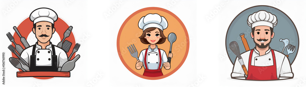 Three cartoon chefs in different poses, all wearing white chef hats and red aprons. Three cartoon chefs in different poses, all wearing white chef hats and red aprons.