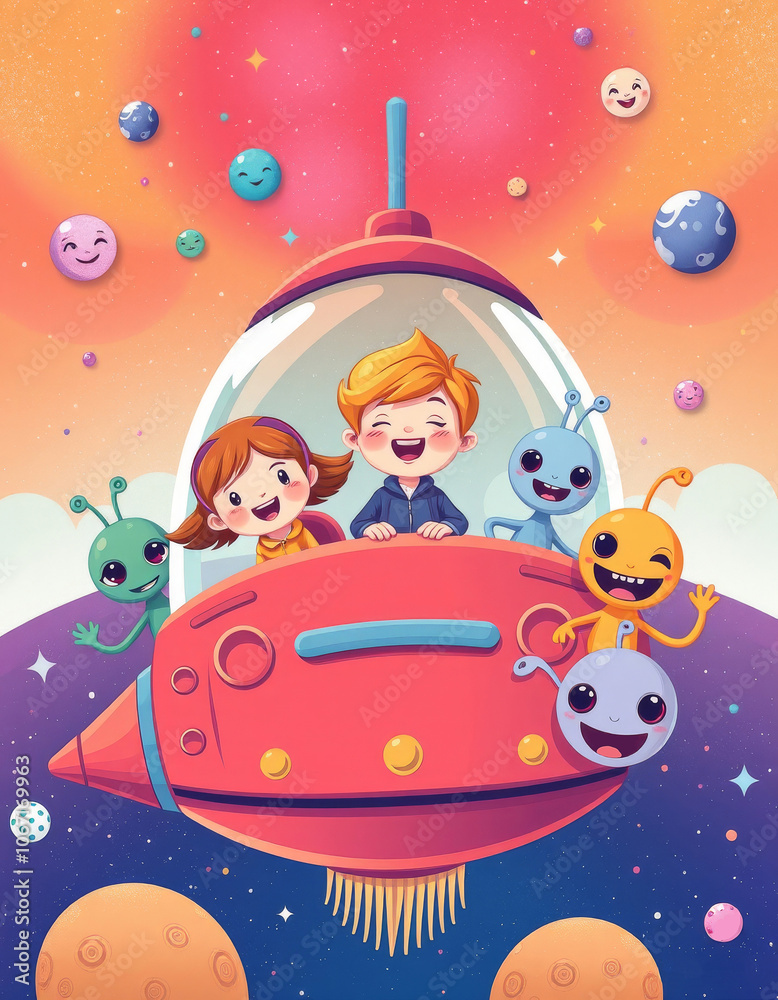 Naklejka premium Joyful kids and friendly aliens on a whimsical space adventure