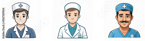 Three cartoon illustrations of medical professionals.