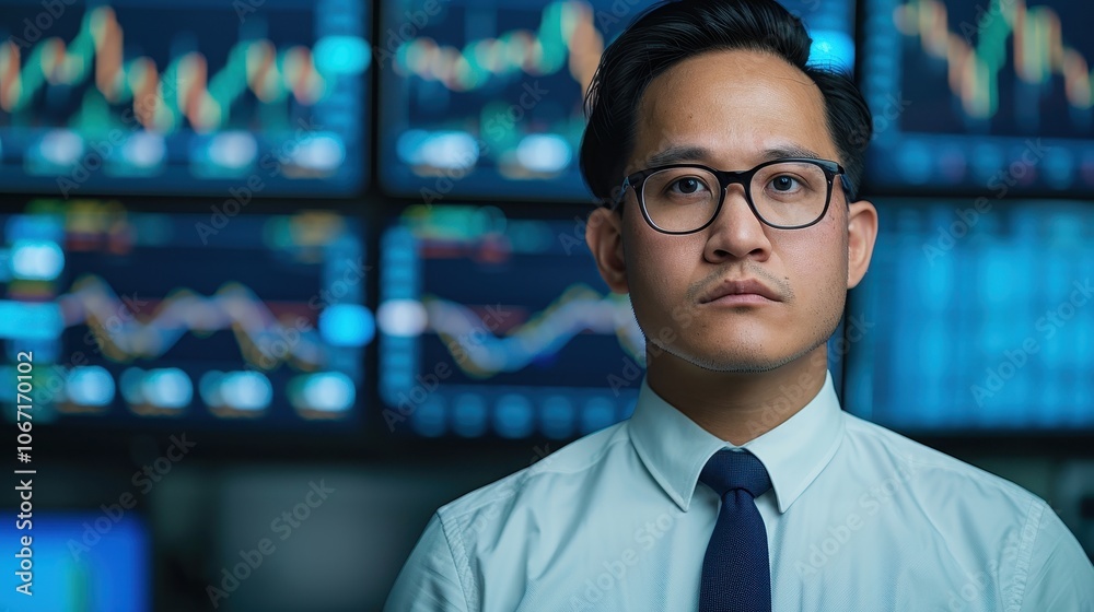 Serious stock market analyst with glasses in front of financial graphs on monitors Serious stock market analyst with glasses in front of financial graphs on monitors